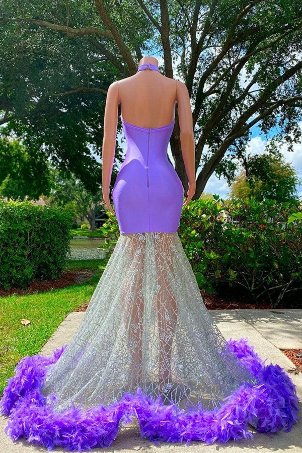 Robe de bal longue violette charmante en satin et tulle, coupe sirène avec col halter