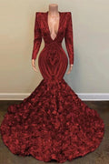 Incantevole abito da sera rosso con scollo a V, maniche lunghe, lunghezza fino al pavimento, paillettes, fiori, modello sirena