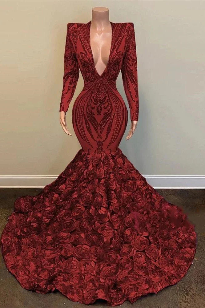 Incantevole abito da sera rosso con scollo a V, maniche lunghe, lunghezza fino al pavimento, paillettes, fiori, modello sirena
