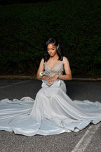 Silver Sweetheart Straps Sleeveless Column Mermaid Prom Dress With Gem Detailing
