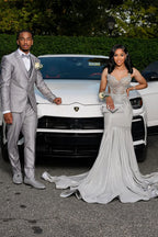 Silver Sweetheart Straps Sleeveless Column Mermaid Prom Dress With Gem Detailing