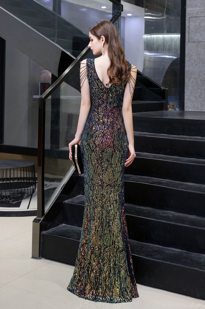 Vestido de fiesta encantador con lentejuelas brillantes y cuentas, abertura lateral y largo hasta el suelo