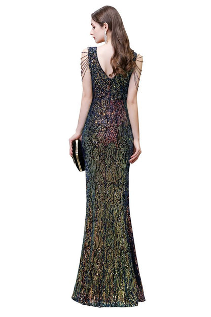 Vestido de fiesta encantador con lentejuelas brillantes y cuentas, abertura lateral y largo hasta el suelo