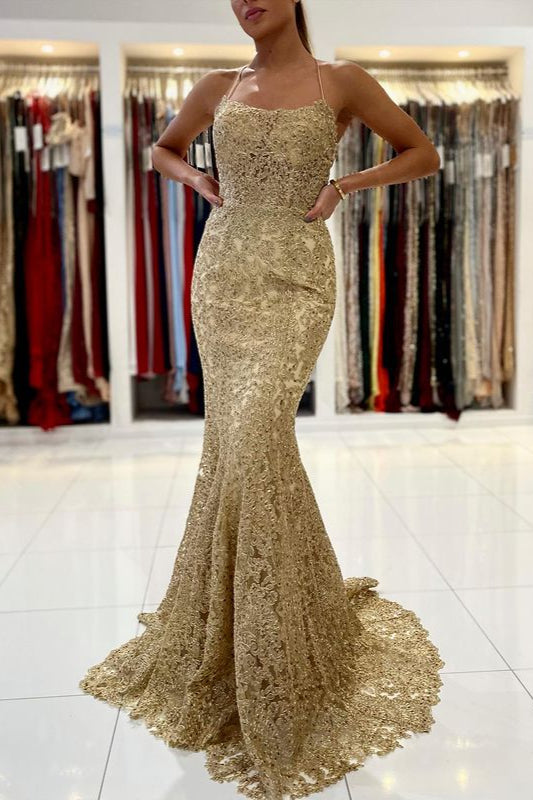Vestido de noche largo sin mangas con tirantes finos y encaje estilo sirena 