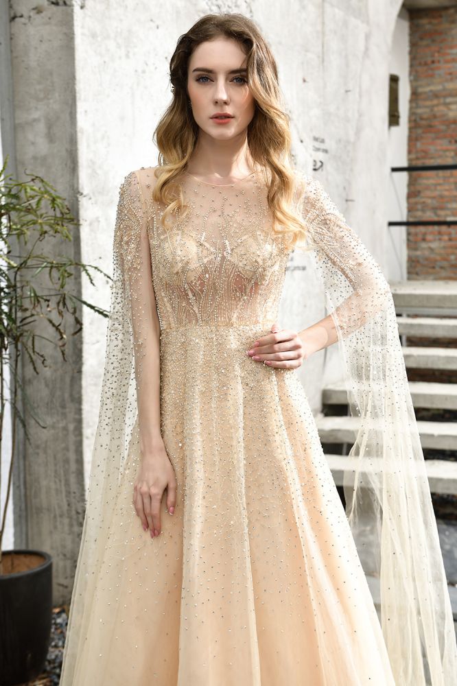 Bezauberndes bodenlanges Abend- und Partykleid aus Tüll mit glitzernden Perlen und Umhang auf der Rückseite