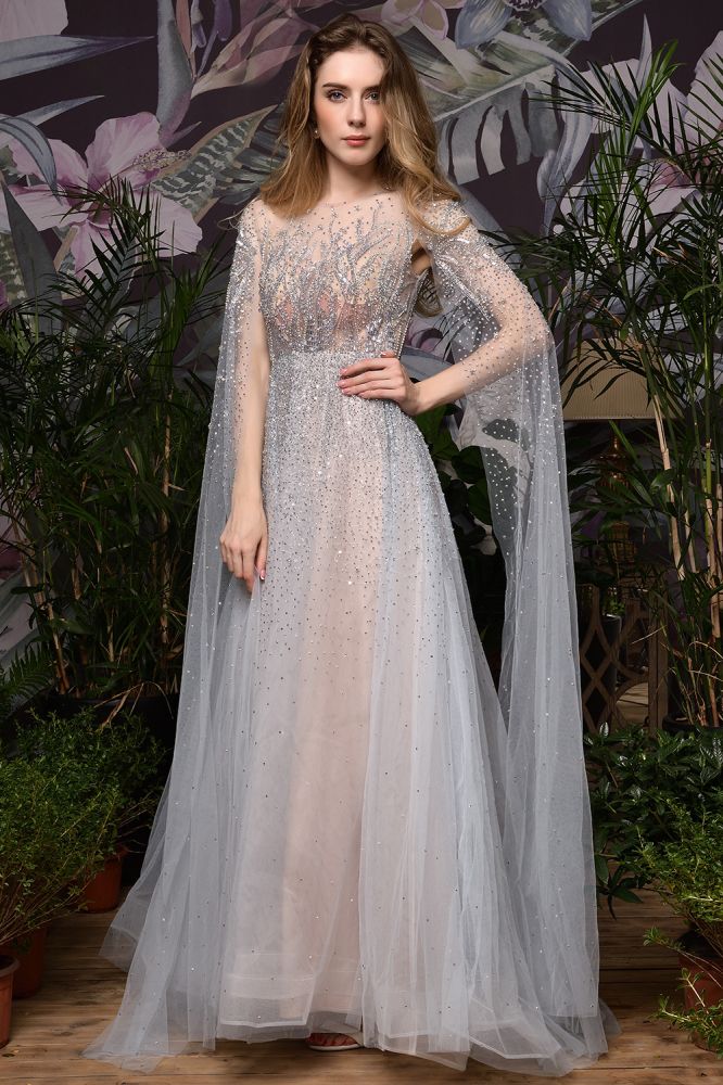 Bezauberndes bodenlanges Abend- und Partykleid aus Tüll mit glitzernden Perlen und Umhang auf der Rückseite