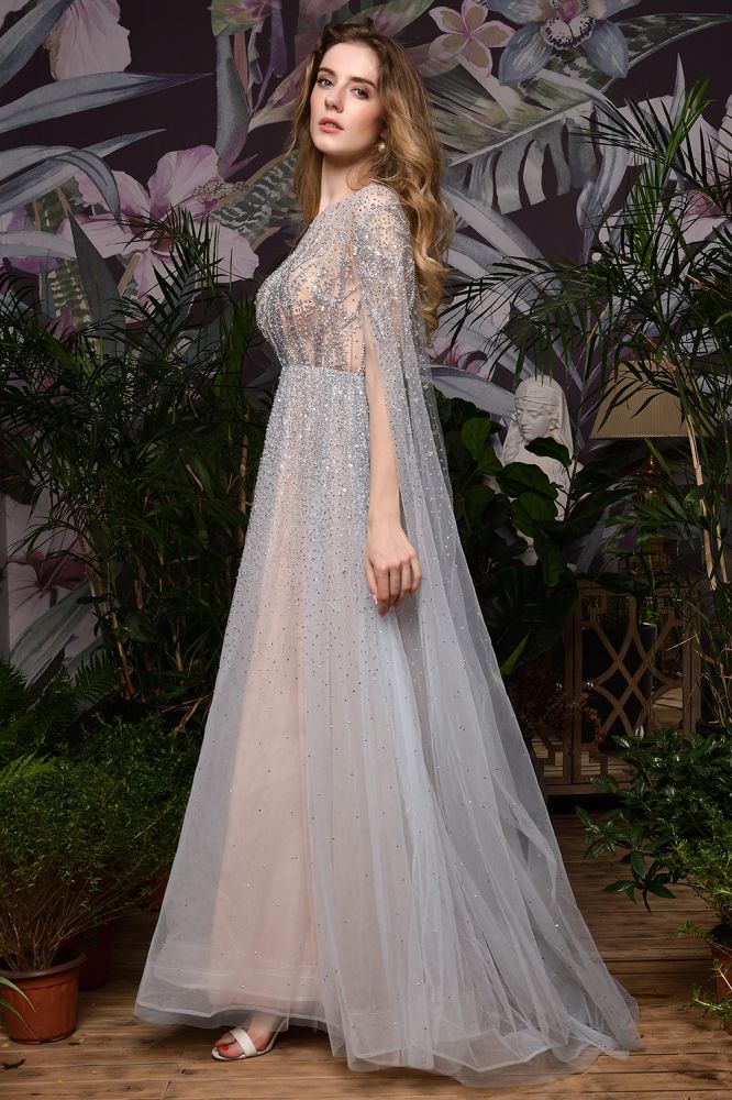 Bezauberndes bodenlanges Abend- und Partykleid aus Tüll mit glitzernden Perlen und Umhang auf der Rückseite