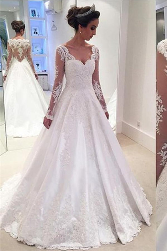Vestido de novia de corte A con escote en V y mangas largas