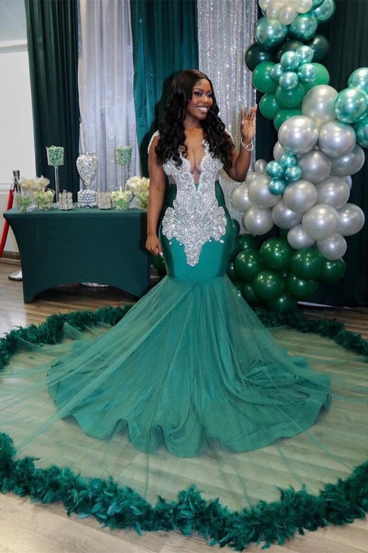 Encantador vestido de fiesta de sirena sin mangas con escote en V