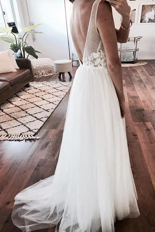 Ivory Tulle Beach Lace Applique See Through Wedding Dress