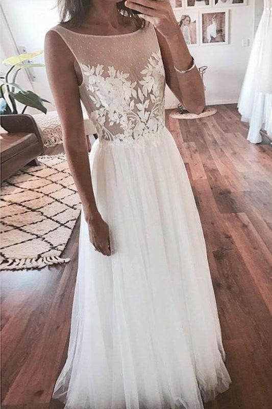 Vestido de noiva transparente com apliques de renda de praia em tule marfim WD357