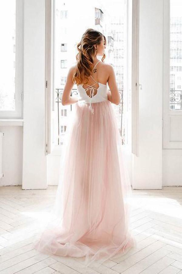 Light Pink Wedding Dresses Spaghetti Strap Tulle Beach Wedding Dress