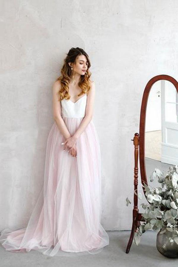 Light Pink Wedding Dresses Spaghetti Strap Tulle Beach Wedding Dress