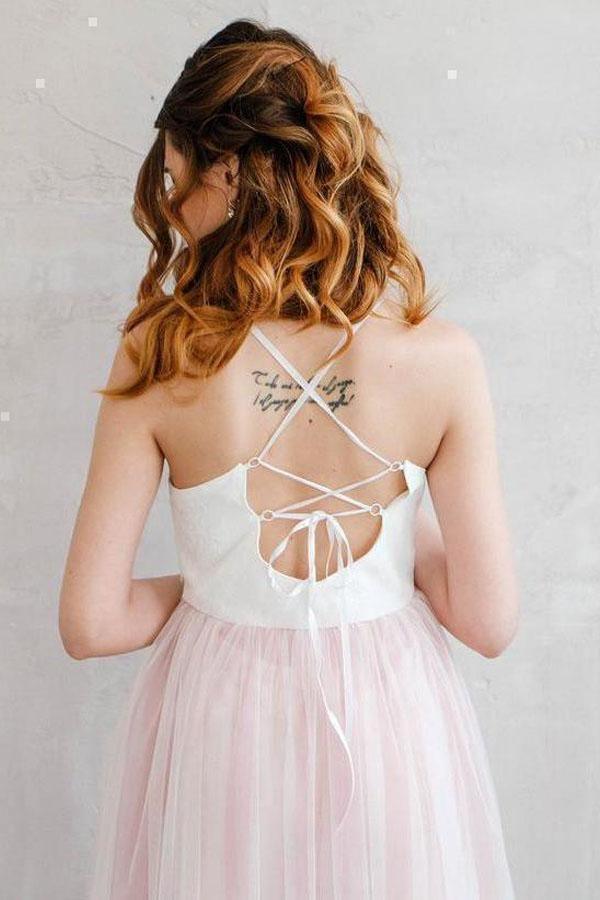 Light Pink Wedding Dresses Spaghetti Strap Tulle Beach Wedding Dress