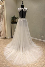 V-Neck Open Back Tulle Ivory Beach  Wedding Dress