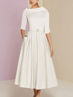 Tea Length Mother Of The Bride Dress A Line With Jewel Neckline And Pockets