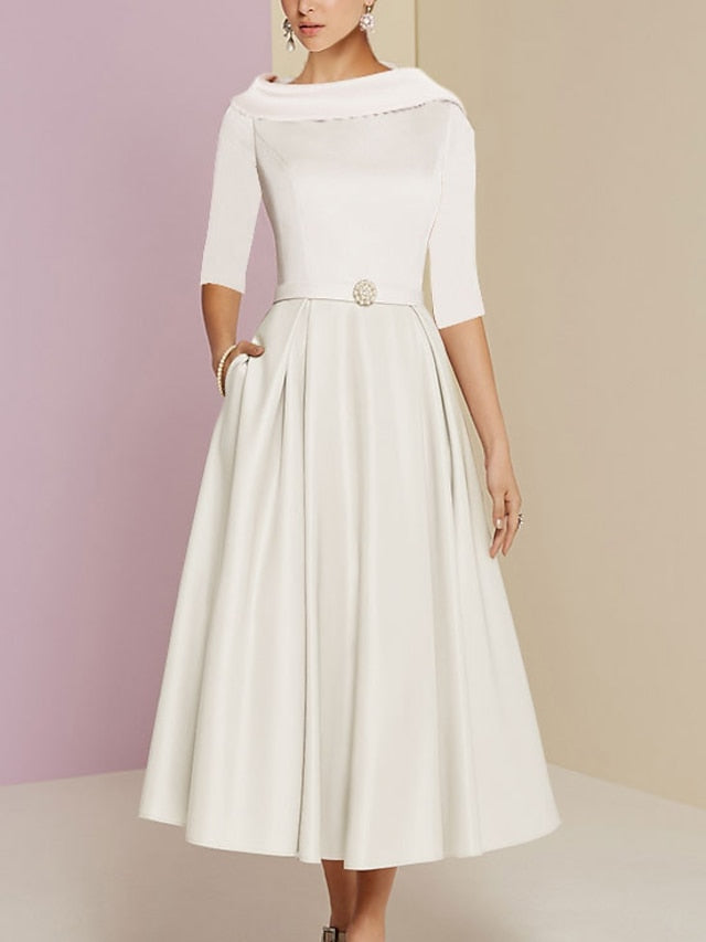 Tea Length Mother Of The Bride Dress A Line With Jewel Neckline And Pockets