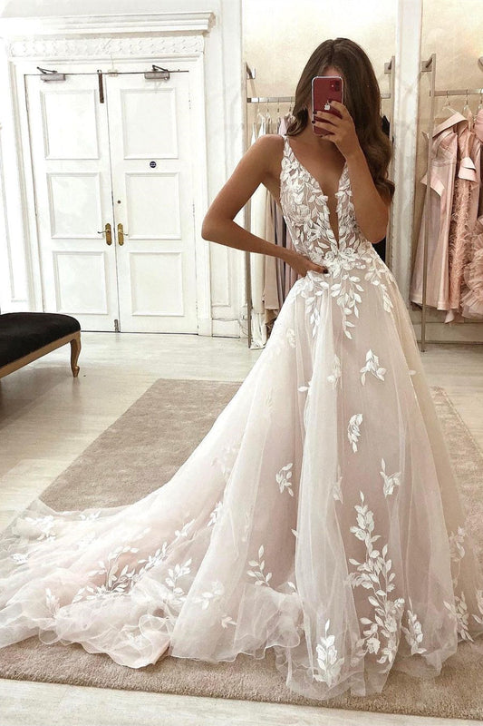 Chique A-line Alças Decote V Sem Mangas Apliques Vestido De Noiva Com Renda