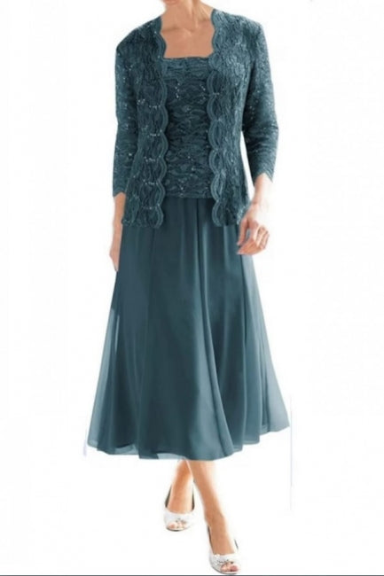 Hermoso y elegante vestido de madre con lentejuelas, de encaje y mangas 3/4