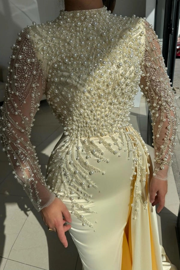 Chic Daffodil High Neck Mermaid Prom Dress With Beaded Bodice Panel Train