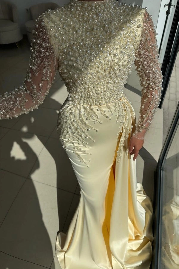 Chic Daffodil High Neck Mermaid Prom Dress With Beaded Bodice Panel Train
