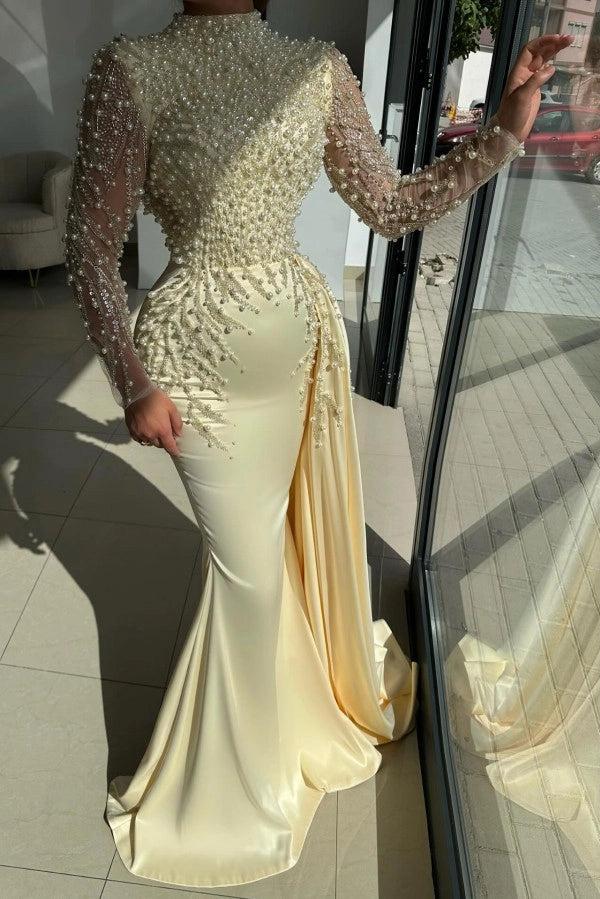 Chic Daffodil High Neck Mermaid Prom Dress With Beaded Bodice Panel Train