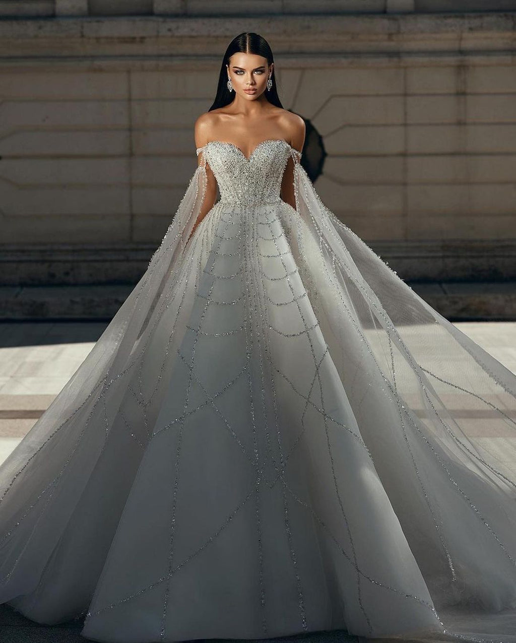 Vestido de novia elegante de corte A con escote en forma de corazón, hombros descubiertos y lentejuelas