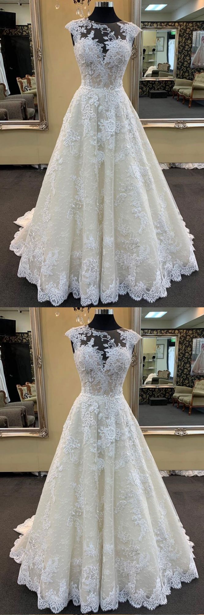 Ivory Lace Jewel Neck Bridal Wedding Dress With Cap Sleeves Sweep Train