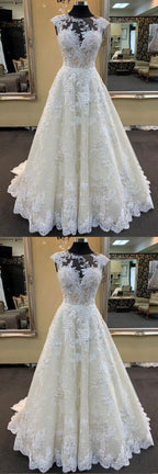 Ivory Lace Jewel Neck Bridal Wedding Dress With Cap Sleeves Sweep Train