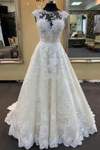 Ivory Lace Jewel Neck Bridal Wedding Dress With Cap Sleeves Sweep Train