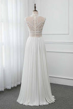 Chic Jewel Chiffon Ruffle White Sleeveless Wedding Dress With Lace Top Pearls