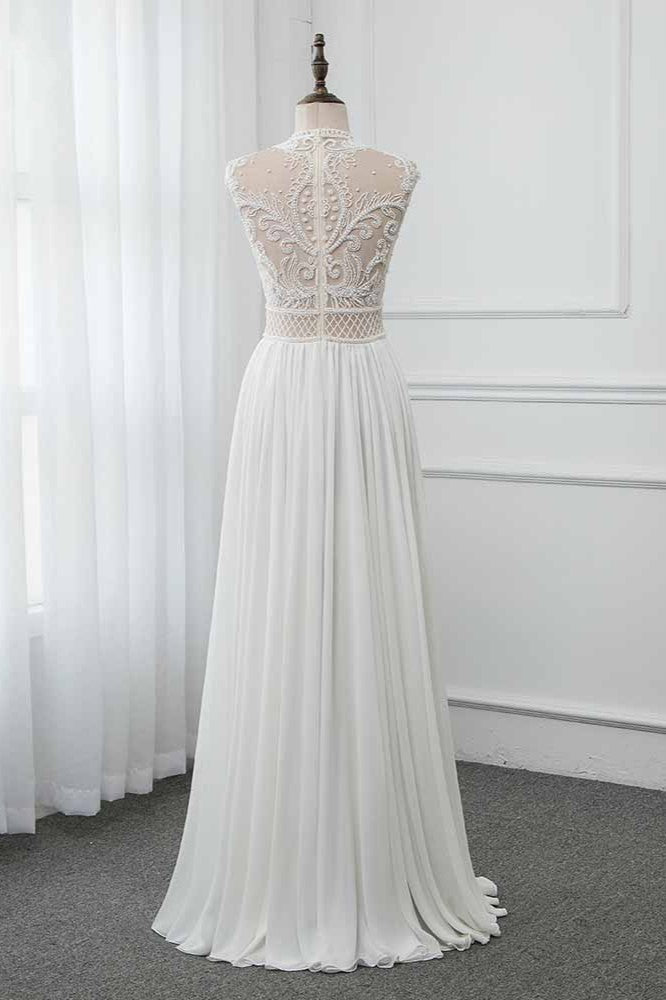 Chic Jewel Chiffon Ruffle White Sleeveless Wedding Dress With Lace Top Pearls