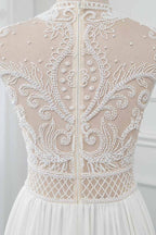Chic Jewel Chiffon Ruffle White Sleeveless Wedding Dress With Lace Top Pearls