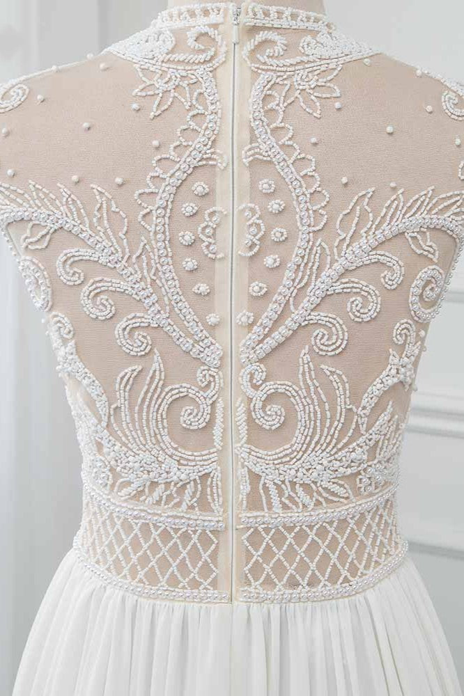 Chic Jewel Chiffon Ruffle White Sleeveless Wedding Dress With Lace Top Pearls