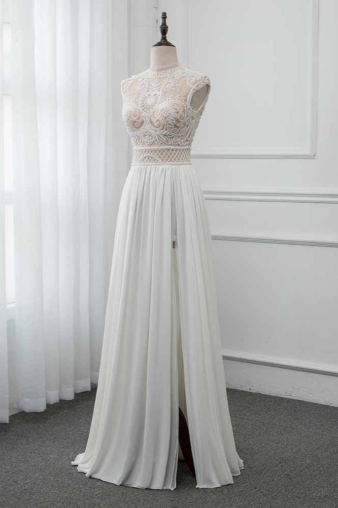 Chic Jewel Chiffon Ruffle White Sleeveless Wedding Dress With Lace Top Pearls