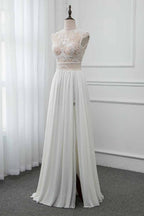 Chic Jewel Chiffon Ruffle White Sleeveless Wedding Dress With Lace Top Pearls