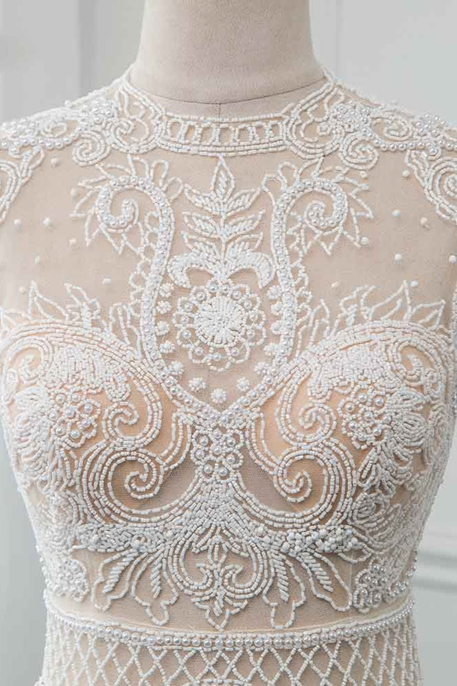 Chic Jewel Chiffon Ruffle White Sleeveless Wedding Dress With Lace Top Pearls