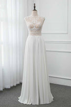 Chic Jewel Chiffon Ruffle White Sleeveless Wedding Dress With Lace Top Pearls