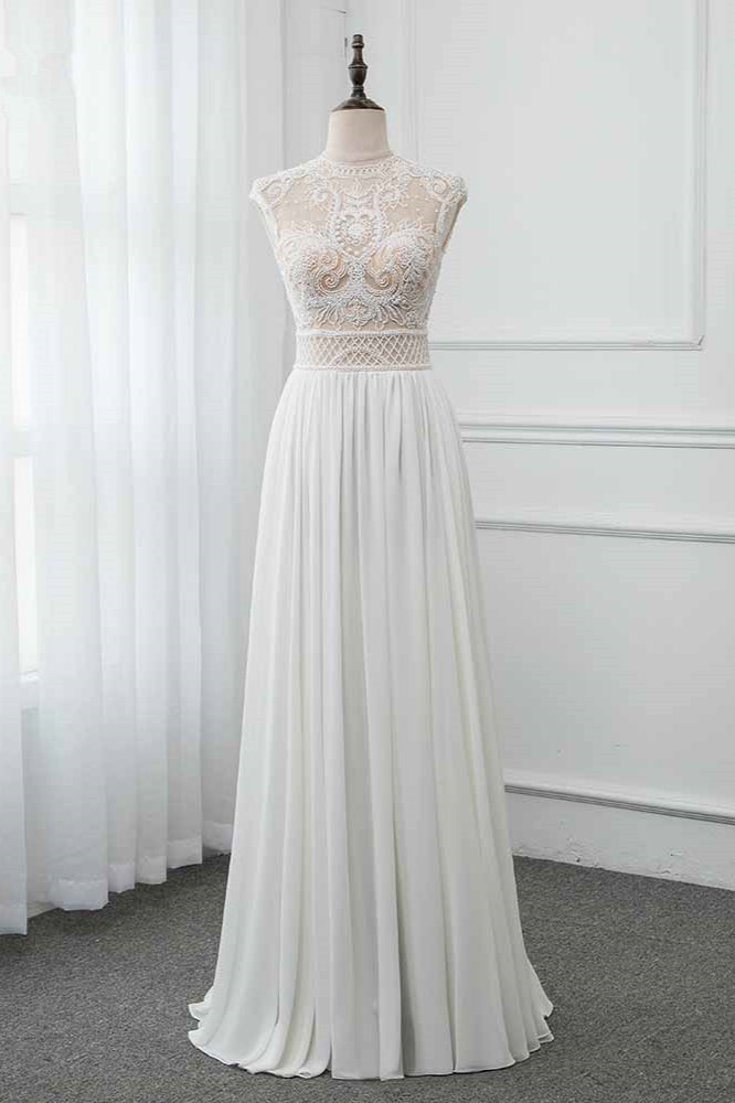 Chic Jewel Chiffon Ruffle White Sleeveless Wedding Dress With Lace Top Pearls