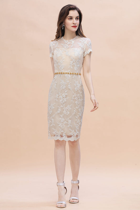Vestido elegante para madre de la novia con encaje, cuentas y tul joya, de manga corta, en línea.