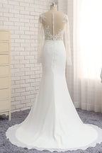 Chic Jewel White Chiffon Lace Mermaid Wedding Dress With Appliques Long Sleeves