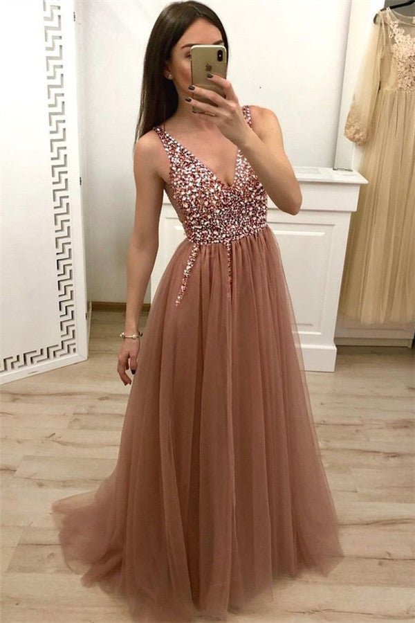 Robe de bal chic longue en tulle à paillettes, dos nu, coupe évasée