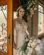 Chic Long A-line Sleeveless Flowers Backless Wedding Dress With Lace