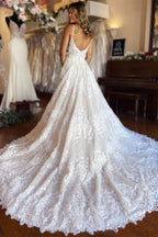 Chic Long A-line Spaghetti Straps Lace Wedding Dress With Slit