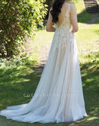 Chic Long A line V neck Appliques Lace Tulle Wedding Dress
