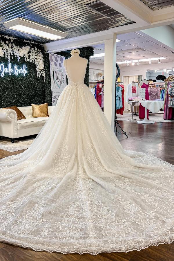 Chic Long A-line V-neck Floral Lace Open Back Wedding Dresses