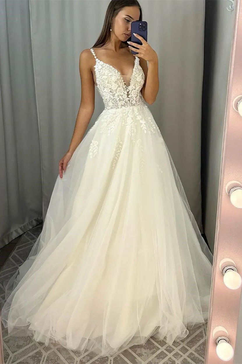 Schickes langes elfenbeinfarbenes ärmelloses A-Linien-Brautkleid mit V-Ausschnitt und Spitze