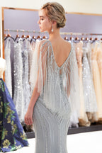 Schickes langes Meerjungfrau-Ballkleid mit Juwelen- und Perlenbesatz aus Tüll mit Ärmeln