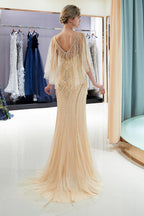 Schickes langes Meerjungfrau-Ballkleid mit Juwelen- und Perlenbesatz aus Tüll mit Ärmeln