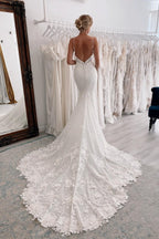 Chic Long Mermaid Sweetheart Sleeveless Spaghetti Straps Lace Backless Wedding Dresses